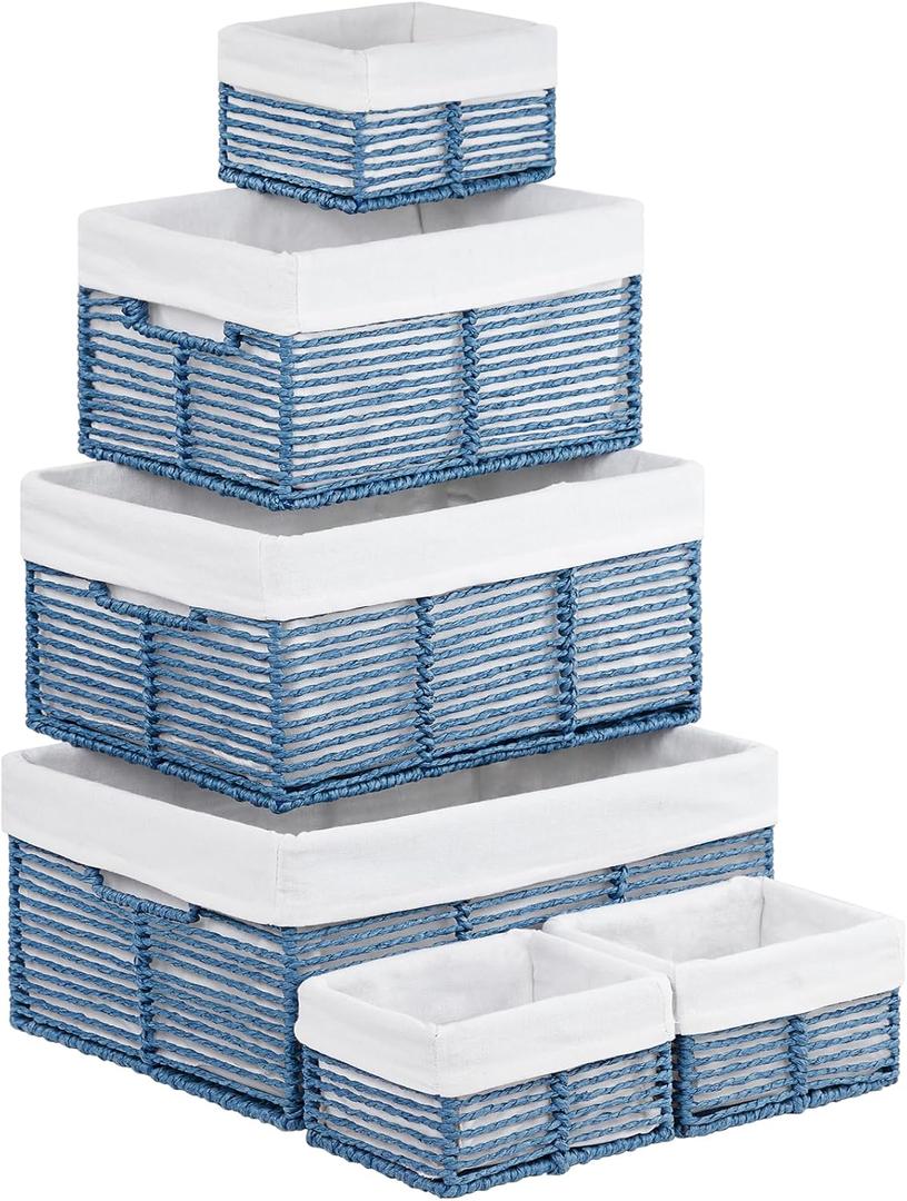 Vagusicc Wicker Storage Basket, 6 Pack Baskets for Organizing, Wicker Baskets with Handle, Rectangular Woven Basket for Storage Shelves, Cube Storage Bins for Closet/Clothes/Dresser, Blue