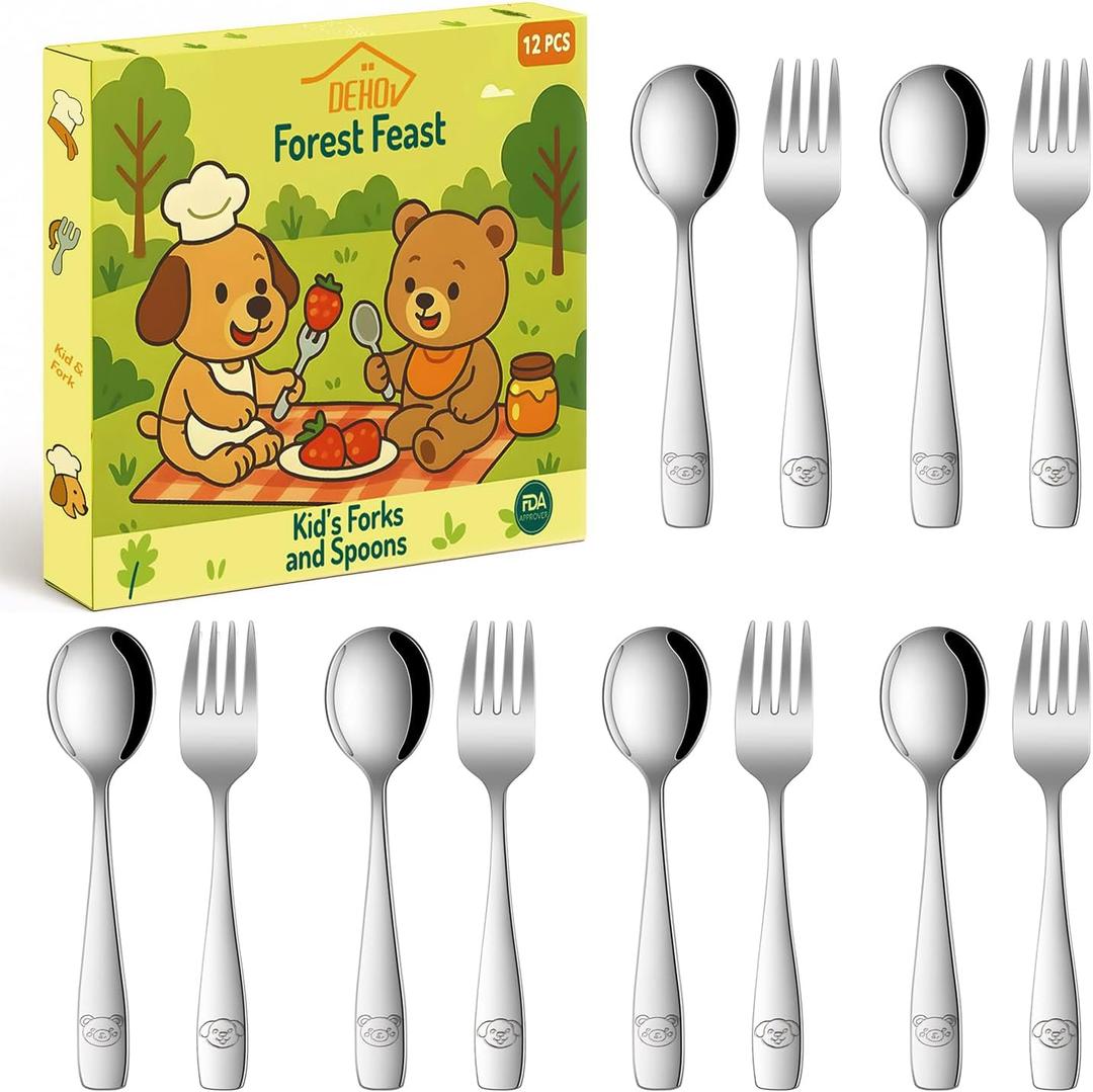 DEHOV Toddler Eating Utensils Set,Set Of 12 Food Grade Stainless Steel Silverware Sets For Kids,Dishwasher Safe Children Small Metal Spoons And Forks Flatware Sets