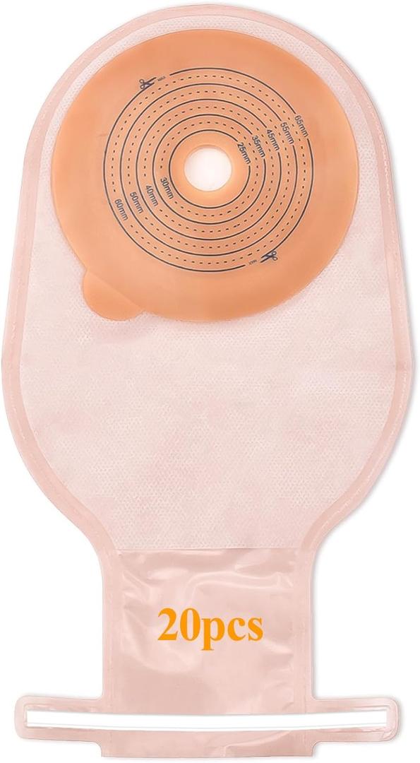 20 PCS Colostomy Bags, Ostomy Bag Colostomy Supplies, One Piece Drainable Pouches with Clamp Closure for Ileostomy Stoma Care, Hydrocolloid & Non-Woven Border, Cut-to-Fit 15-65MM