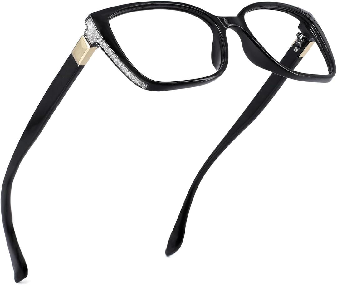 Large Reading Glasses for Women Square Cat eye Readers 1.0 1.25 1.5 1.75 2.0 to 6.0 with Sparkle side (Black/Silver Bling Glitter)