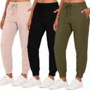 Real Essentials 3 Pack: Women's Ultra-Soft & Warm Fleece Joggers Sweatpants with Pocket (Available in Plus Size) (XXL)