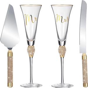 4 Piece Wedding Cake Knife and Champagne Flutes Server Set Mr and Mrs Toasting Flutes Crystal Rhinestone Cake Cutting Set for Bride and Groom Wedding Engagement Bridal Shower Gifts(Gold)