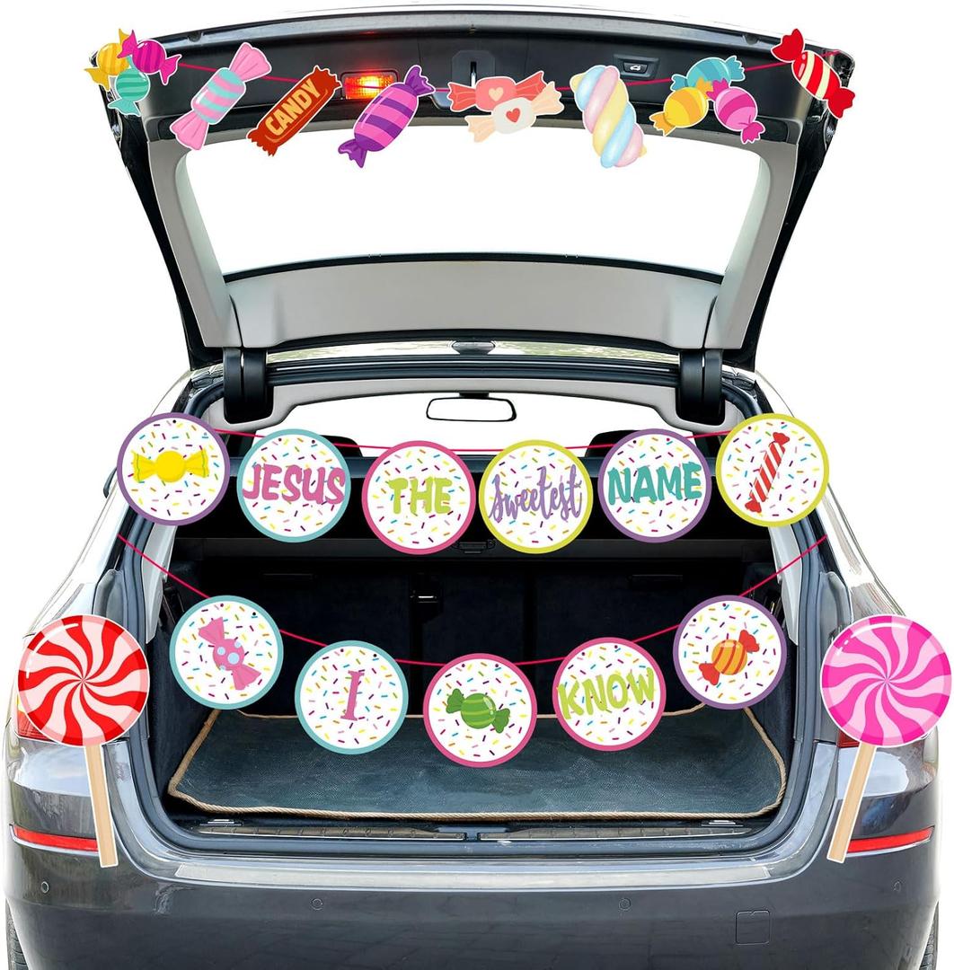 2 x Tegeme Religious Candy Trunk or Treat Car Decorations Kit Halloween Party Favors Christian Car Garage Door Decor with Candy Lollipop Banner