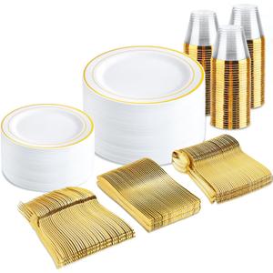 bUCLA 300PCS Gold Disposable Dinnerware Set - White and Gold Plastic Plates - Include 50 Each (Dinner&Dessert) Plates,50 Knives,50 Forks,50 Spoons,50 Cups for Party