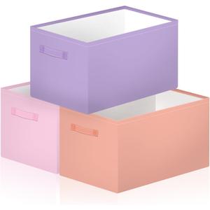 Boao 3 Pack Fabric Storage Bins for Shelves, Pastel Canvas Storage Baskets with Handles, Collapsible Closet Organizer Bins for Clothes Toys Books Laundry Nursery Bedroom