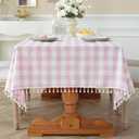 Laolitou Spring Pink Checkered Tablecloth Rectangle Washable Buffalo Plaid Table Cloth with Tassel Cotton Linen Gingham Table Cover for Dining Room, Pink, Rectangle, 55''x120'', 10-12 Seats