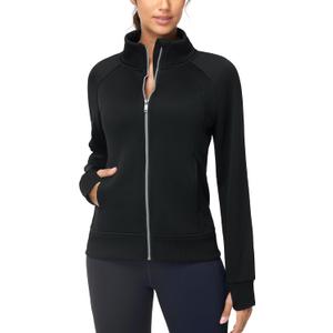 THE GYM PEOPLE Women's Full Zip Up Workout Sweatshirts Fleece Stand Collar Fall Jackets with Pockets Thumb Hole (Black, Small)