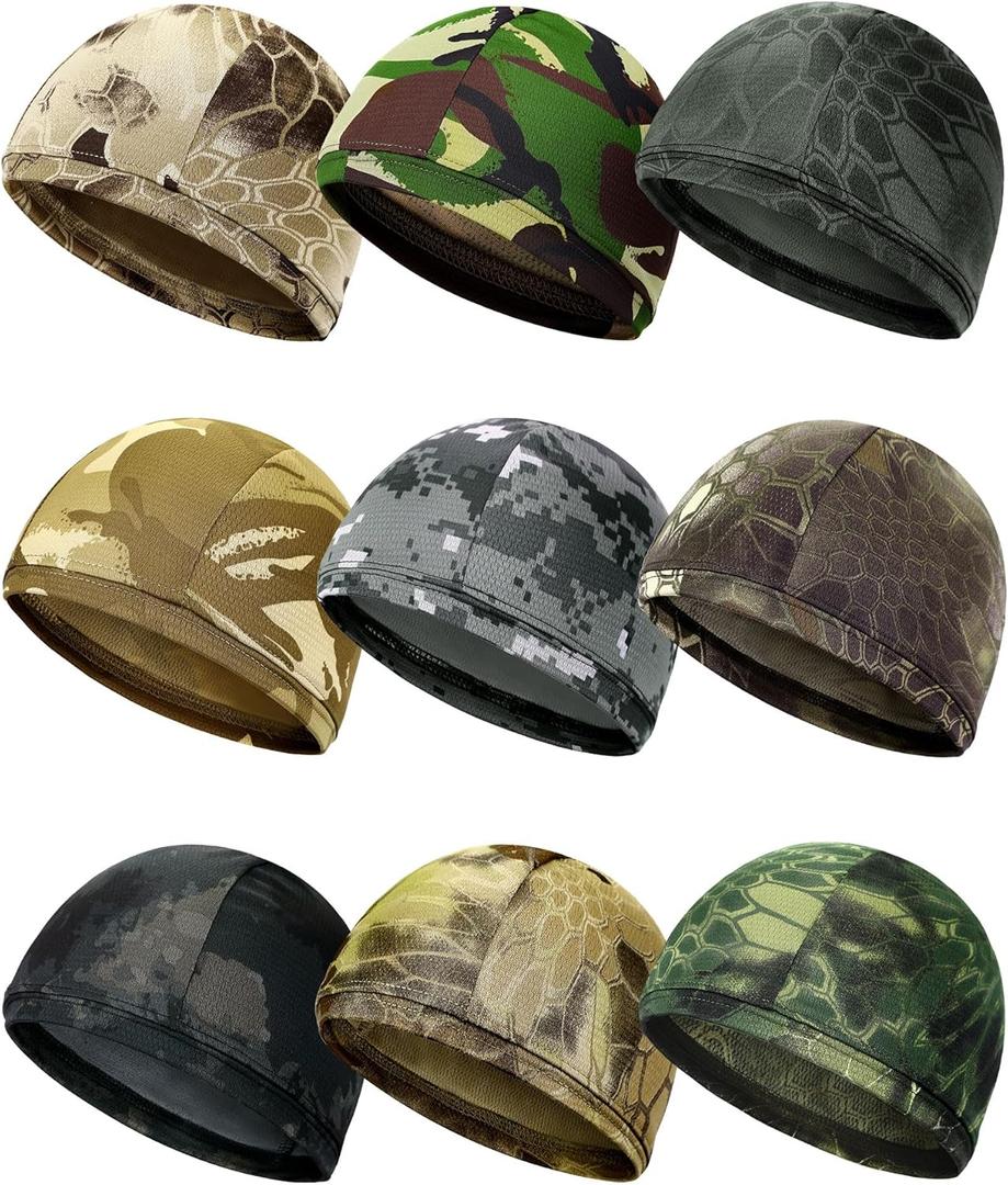 9 Pcs Cooling Skull Cap Camo Liner Sweat Wicking Lightweight Cycling Cap Running Head hat for Men Women
