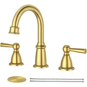 CREA Gold Bathroom Faucet 3 Hole,2 Handles 8 Inch Widespread Bathroom Faucets with Drain,360°Swivel 3 Pieces Brushed Gold Faucet for Bathroom Vanity Basin Mixer Tap(cPUC Supply Line)