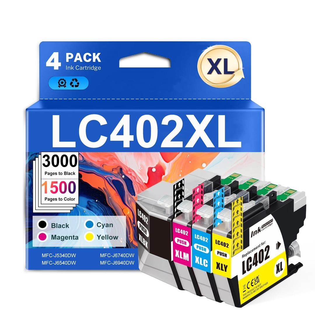Compatible LC402XL Ink Cartridges for Brother Printer Replacement for Brother LC402XL LC402 Ink Cartridges, Work with MFC-J5340DW J6940DW J6540DW J6740DW, High Yield, Latest Chip-4 Pack