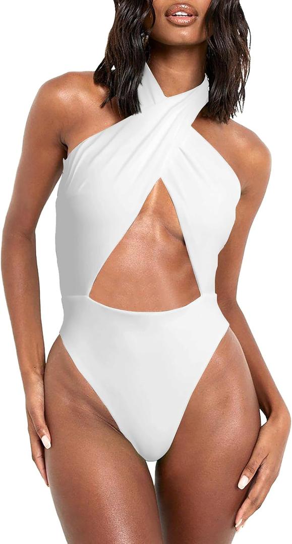 HYPERFIRE Women's Sexy Halter Criss Cross Swimsuit Cut Out One Piece Bathing Suit High Cut Swimwear White X-Large