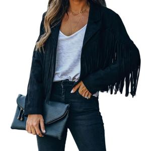 Faux Suede Leather Jackets For Women Trendy Fall Western Fringe Cropped Jacket 2025 Tassel Motorcycle Crop Coats (Small, Black)