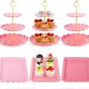 FoldTier 6 Pack Cupcake Stand Set 3 Pcs 3 Tier Gradient Dessert Table Display Stands Cookie Tray Rack 3 X14 in Rectangle Party Trays for Wedding Birthday Tea Party Baby Shower(Pink,Round)