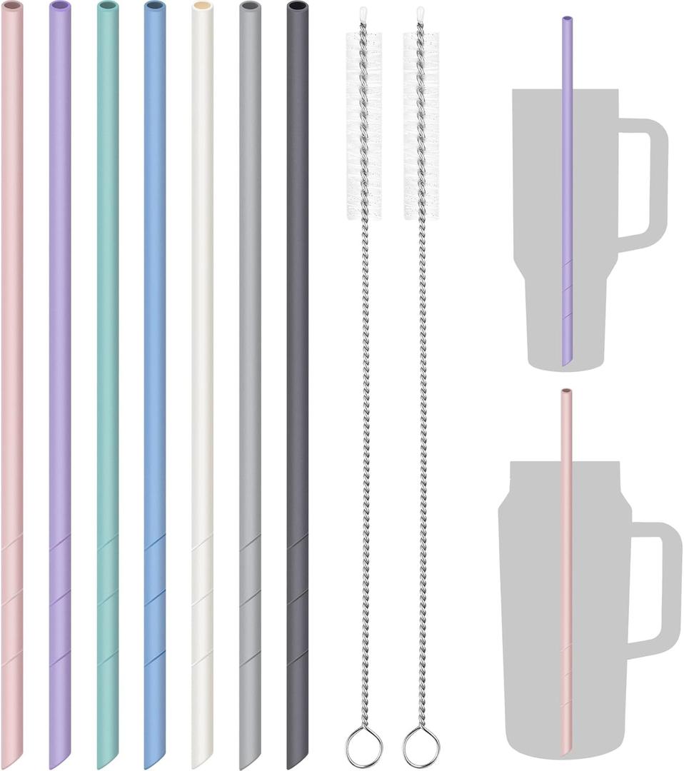 NiHome 14" Silicone Straws 7-Pack for Stanley Cups and Large Bottles, Customizable Length Food-Grade Reusable Straws with 2 Cleaning Brushes, Soft and Flexible for 24-128 oz Bottles (Macaron Colors)