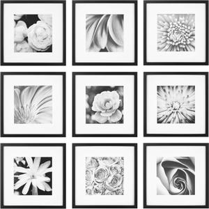 Gallery Perfect 12x12 Picture Frames, 9 Piece Set with Real Glass Cover for 8x8 Photos With Mat, Picture Frames Collage Wall Decor for Gallery Wall, Home Decor, Black