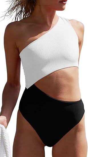 Women's One Piece Ribbed Swimsuit One Shoulder Cutout Swimwear Sexy Bathing Suit Small