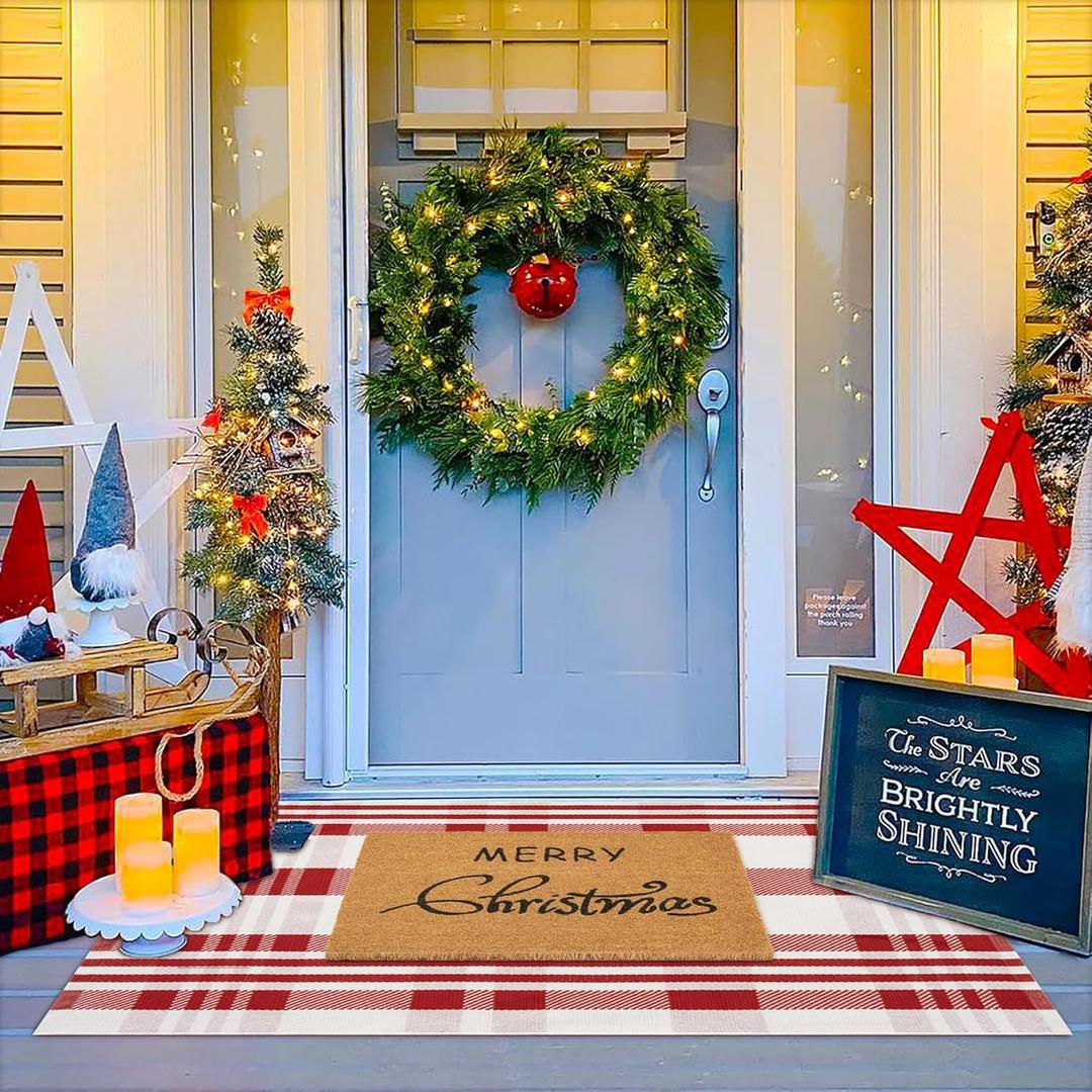 Christmas Door Mat Combo Set - 100% Coco Coir Welcome Mat + 3' x 5' Red and White Diagonal Plaid Rug, Christmas New Year Holiday Collection Doormat for Front Porch Entryway Decorative