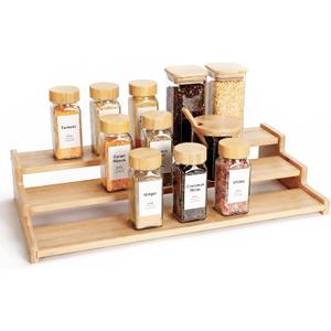 Spice Rack Organizer for Cabinet, 18in Bamboo Tiered Spice RackUsed for Kitchen Countertops and Food Storage Room OrganizerSpecially Designed for Jars and Spice Bottles(Bamboo, L)
