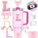 6PCS Pink Accessories for Stanley Cup, Decorations for 30/40 oz Tumbler with Handle, Includes Bow Straw Topper Cover Cap&Boot, Initials Charm, Letter Sticker, Spill Proof Stopper (Letter L)