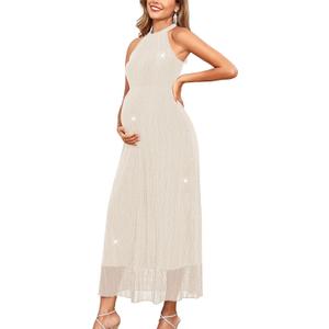 AISWI Maternity Sparkly Mesh Dress Halter Neck Sleeveless A Line Pregnancy Dresses Semi Formal Baby Shower Photoshoot L
