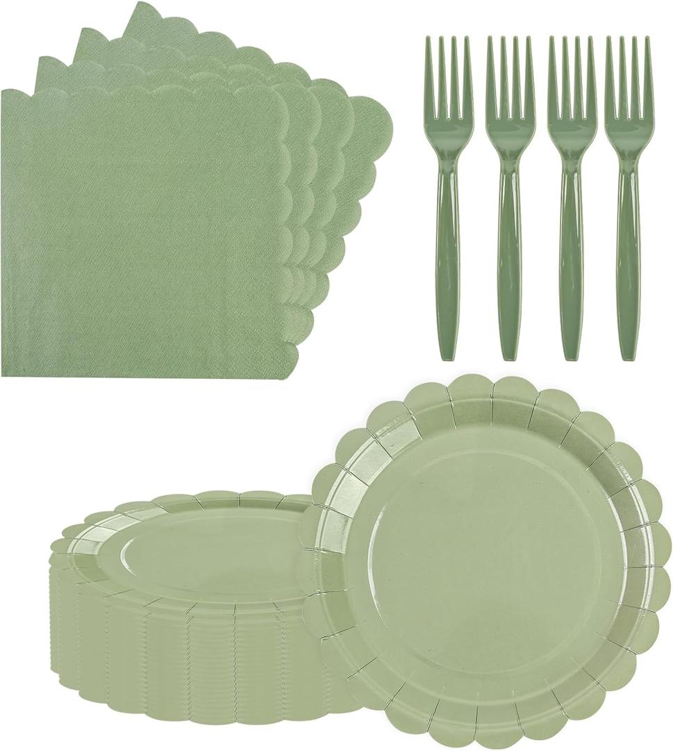 75pcs Sage Green Paper Plates and Napkins,25 Guest Sage Green Scalloped Paper Tableware Forks Disposable Dinnerwaret Kit for Baby Shower Bridal Wedding Birthday Party New Year Decorations
