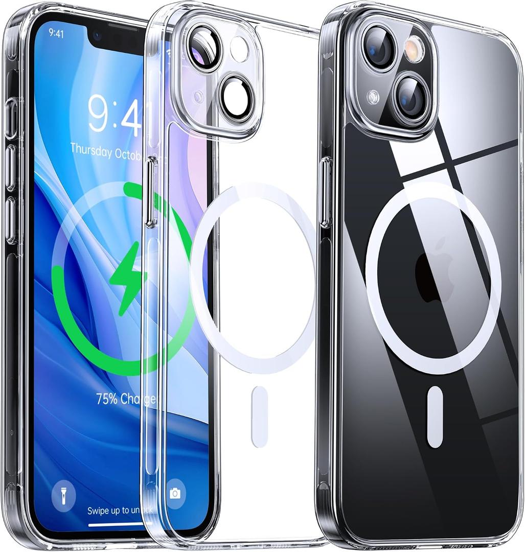 Magnetic Hybrid Clear Case for iPhone 13 - [Compatible with MagSafe] [Built-in Camera Protector] [Not Yellowing] Hard Transparent Back Silicone Edge Phone Case Cover, 6.1", Clear