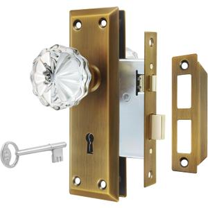 Mortise Lock Set for Interior Door, Antique Brass Door Knobs with Lock and Skeleton Key, Crystal Glass Door Knobs for Old Style Door