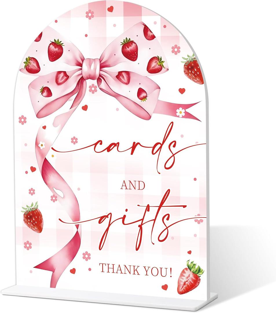 Strawberry Bow Cards and Gifts Sign, Wedding Favor Sign, Bridal Shower Signs Welcome, Bridal Shower Centerpieces for Tables, Engagement Party Decorations, 6" X 8" Wedding Acrylic Plaque, 13