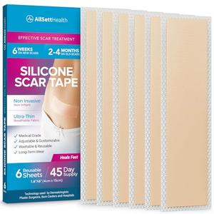 AllSett Health Silicone Sheets for Scars, Post Surgery, Tummy Tuck, C-Section Recovery, Keloid Bump Removal, Stretch Marks Removal (6 Inch x 1.6 Inch), Pack of 4