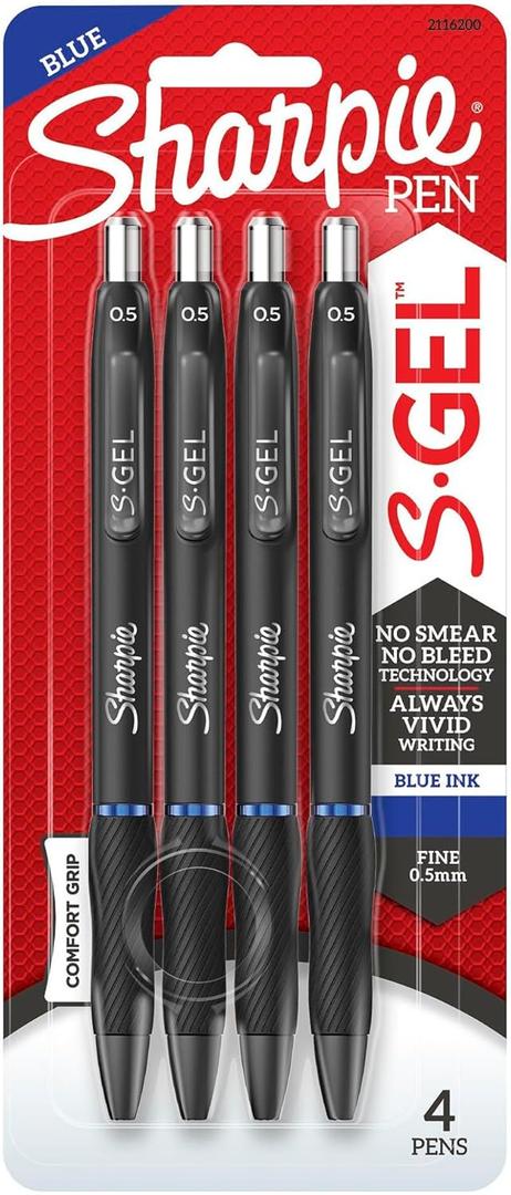 Sharpie S Gel Pens, Fine Point, 0.5 mm, Black Barrels, Blue Ink, Pack Of 4 Pens