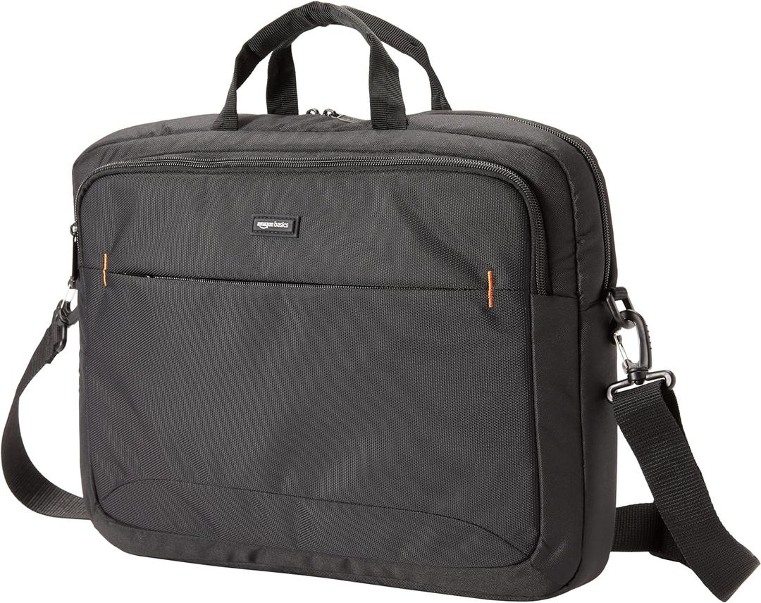 Amazon Basics Laptop Shoulder Bag with Compartments, 17.3-inch, Black, Large Capacity, Fits Dell, HP, ASUS, Lenovo, MacBook Pro and more