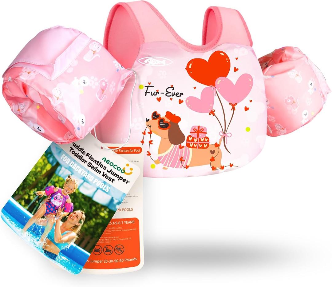 AEOCOO Puddle Float Jumper 20-30-50-60-70 Pounds, Toddler Swim Vest for 1-3-5-6-9 Years Old, Pool Floats with Swimming Arm Floaties Swim Jacket & Water Wings for Kids Swimmies, Boys, Girls, Nios (Puppy)