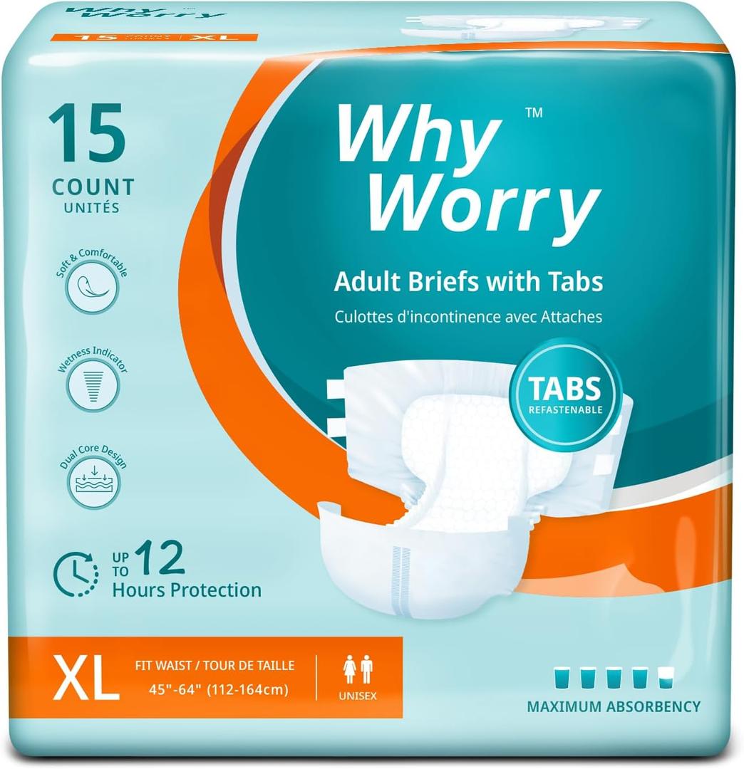 WhyWorry Adult Diapers with Tabs, Disposable Incontinence Briefs for Women & Men with Maximum Absorbency, Adult Briefs for Incontinence Overnight, Odor Control, Unisex, XLarge, 15 Count