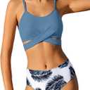 Girls Swimsuits Bikini Set Two Piece Bathing Suit Criss Cross Girls' Swimwear with Chest Pad (13-14 Years, Blue Leaf-cross)