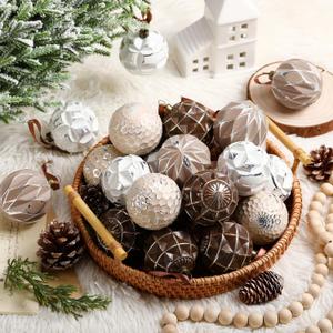 Syhood Neutral Textured Christmas Ball Ornaments 2.4 Inch Vintage Boho Xmas Tree Decoration Rustic Distressed Shabby Xmas Baubles Antique Farmhouse Modern Christmas Decor for Tree(Earth Tones,24 Pcs)