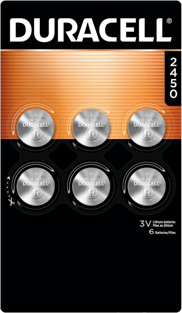 Duracell CR2450 Lithium Battery, 6 Count (Pack of 1), Coin Battery for Key Fob, Car Remote, Watch, and Other Devices, CR2450 Lithium 3 Volt (3V) Cell