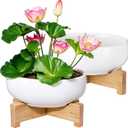 Baderke 2 Pcs Lotus Bowl Planter with Base Ceramic Hydroponic Planter Water Lily Bowl for Planting Aquatic and Indoor Plants Household Ceramic Basin Decor (White)