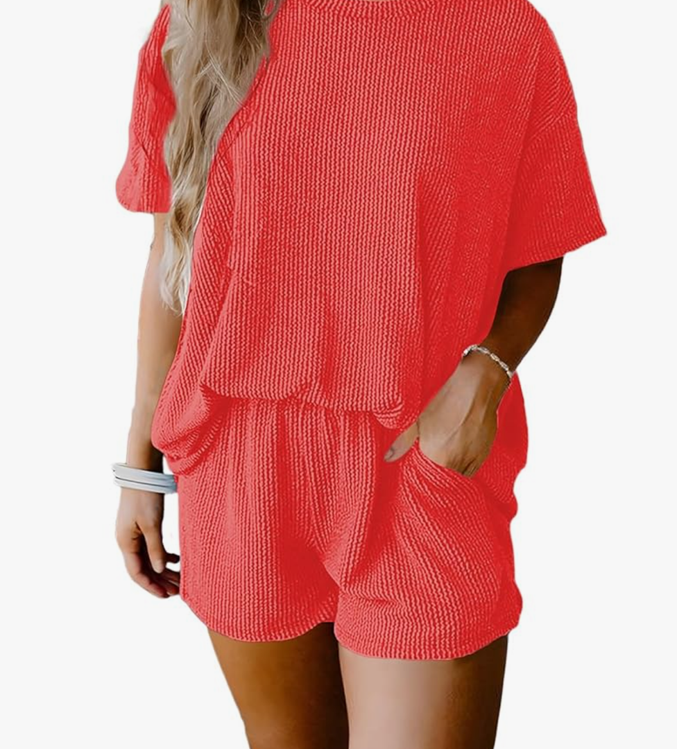 Two 2 Piece Sets for Women Short Sleeve Shirts High Waisted Shorts with Pockets Pajamas Lounge Matching Set Size M