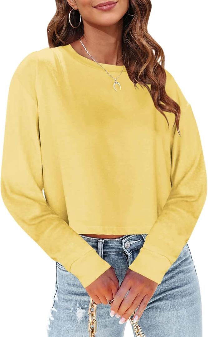 Tankaneo Womens Long Sleeve Crop Tops Loose Fit Fall Cropped Tshirt 2026 Crew Neck Casual Shirts (Small, 11-yellow)