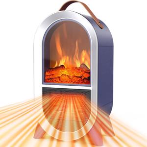 Small Space Heater for Indoor Use, 1500W/750W Portable Electric Fireplace Heater with 3D Flame, Ceramic Heater Fan with Thermostat Overheat & Tipover Protection for Home Office Room Desk, Blue