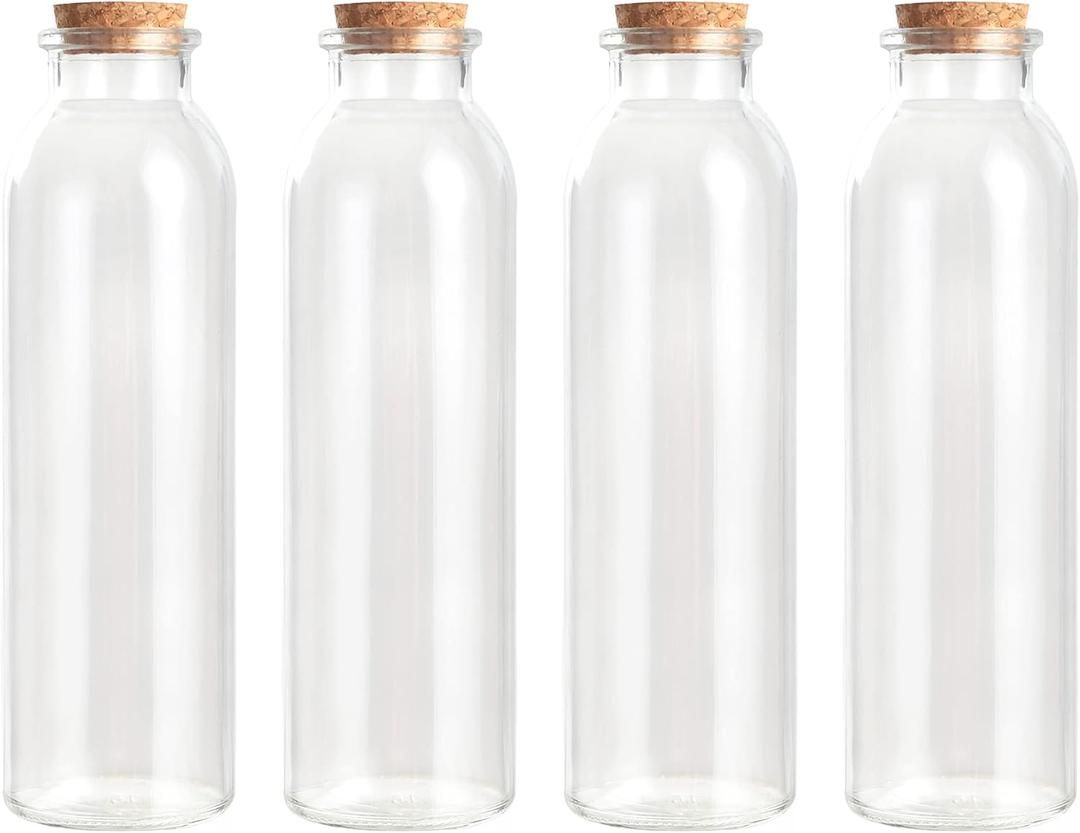 Magic Season Decorative Glass Bottles with Cork Stoppers (12 fl oz. Round Bottles / 4 Pcs)