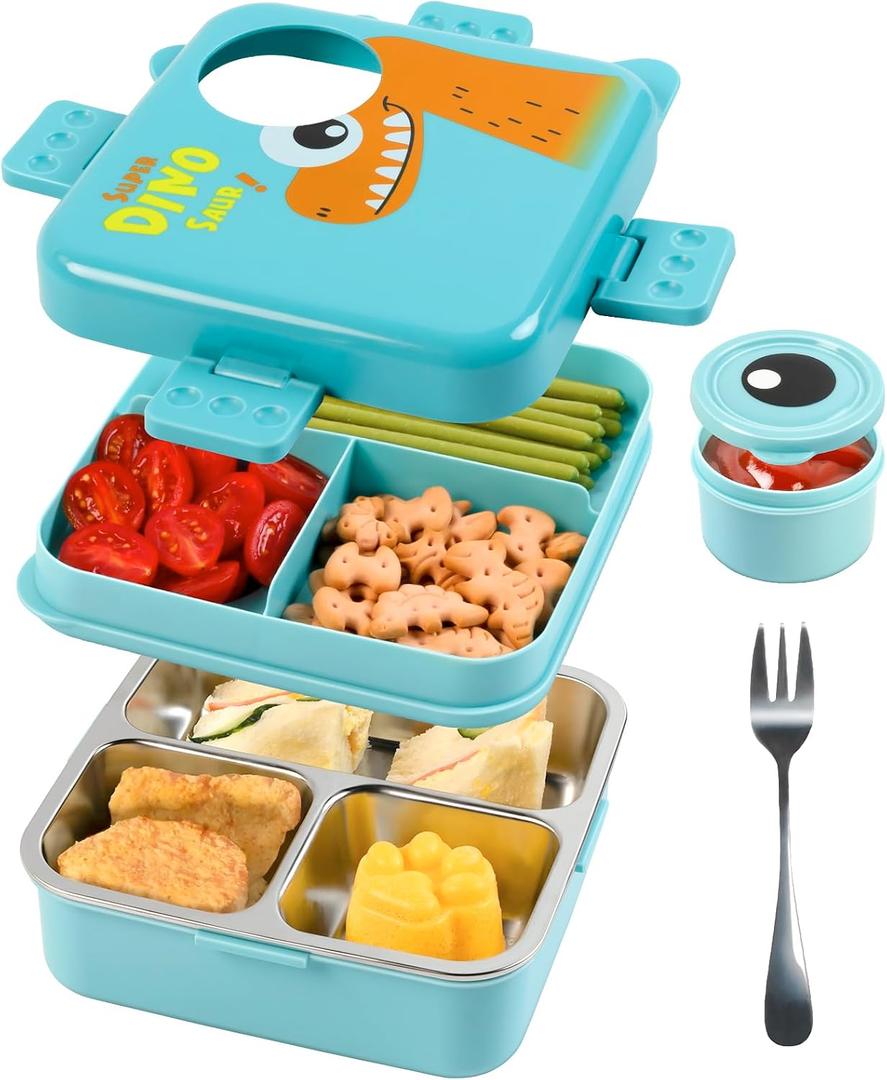 Freshmage 34.7 Oz Stainless Steel Double-Layer Bento Box Container with 3 Compartments, Large Capacity Leakproof and BPA Free Bento Lunch Box, Durable,Drop-Proof, Dishwasher Safe, Blue