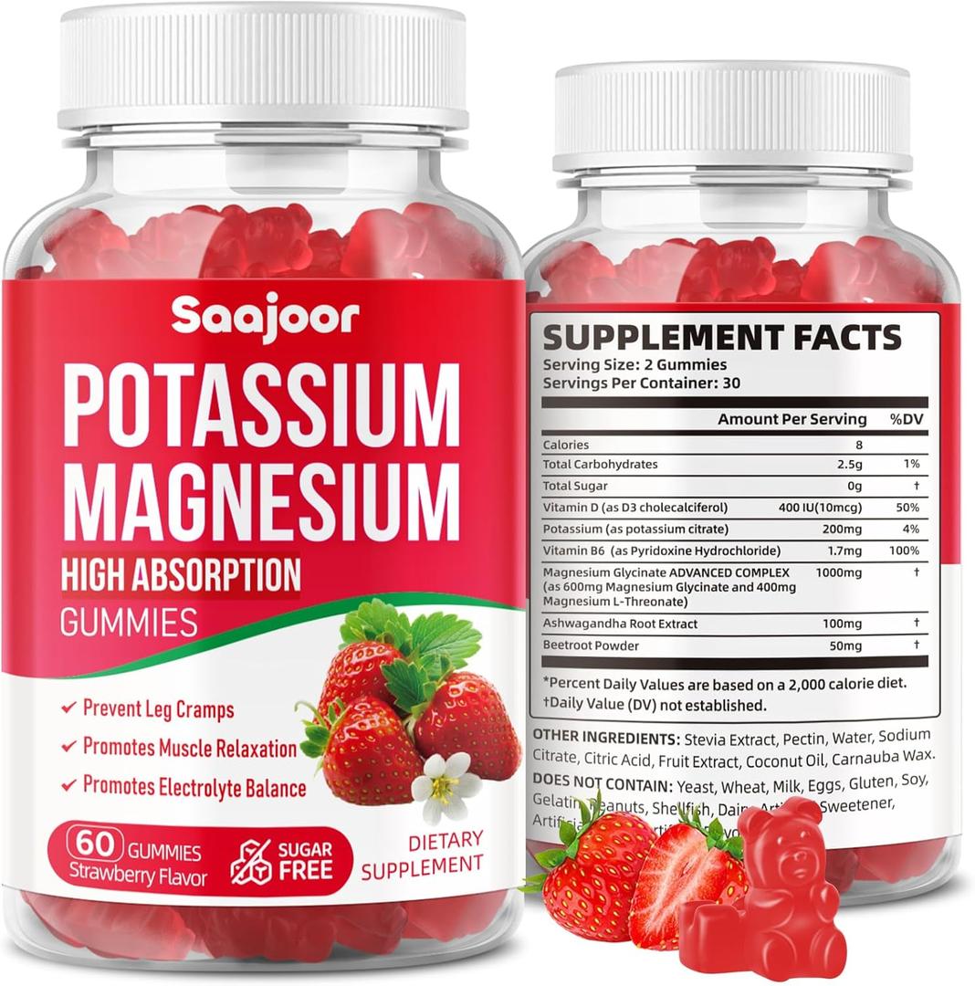 Potassium Magnesium Gummies,High Absorption Magnesium Glycinate,D3 & B6,Potassium Citrate - for Muscle Support, Leg Cramps & Electrolyte Balance - Vegan, Non-GMO, Strawberry Flavor, 60 Count EXP: 05/28/2028