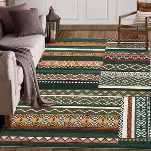 COZYLOOM Washable Rugs 10x13 Distressed Vintage Rug for Living Room Tribal Geometric Area Rug for Bedroom Patchwork Office Carpet Low Pile Neutral Soft Nursery Rug Non Slip Large Rug Green (9' x 12' (Rectangular))