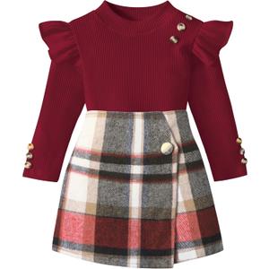 Toddler Girl Clothes,Girls Outfits Long Sleeve Ruffle Button Tops, Plaid Skirt Shorts, Hat 3Pc Little Girls Clothes
