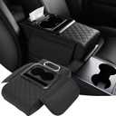 QQWD Car Armrest Cushion, 5 in 1 Center Console Cover with 2 Cup Holders, Phone Holder, Tissue Holder, Storage Bag, Multifunctional Leather Heightened Car Armrest Cushion for Most CarsBlack