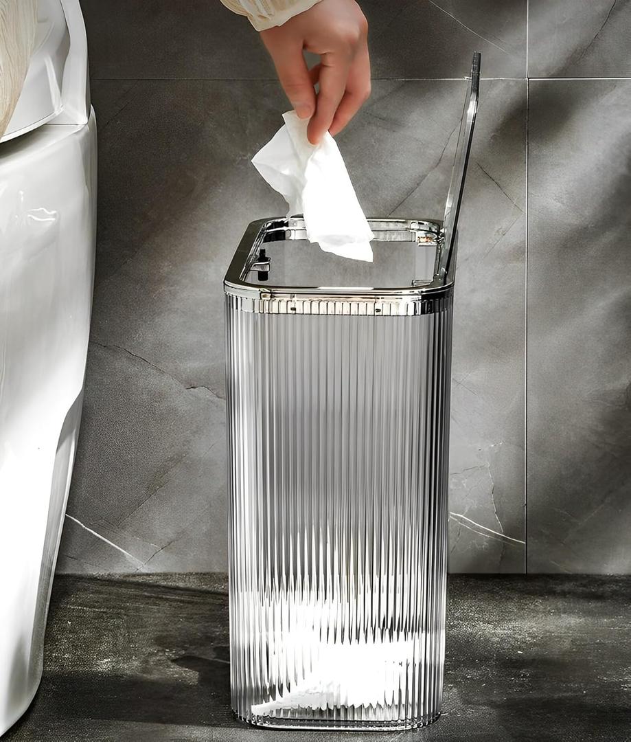 Sooyee Clear 14 Liter Bathroom Trash Can with Lid,3.9 Gallon Garbage Can with Press Type Lid,Trash Bin for Bathroom,Powder Room,Bedroom,Kitchen,Craft Room,Office