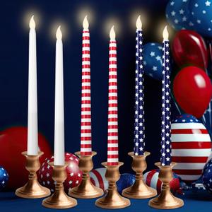 6 Pcs 4th of July Patriotic Flameless Taper Candles 11'' Red White Blue Battery Operated LED American Flag Stars Candles Real Wax Table Centerpiece for Independence Day Party Decor