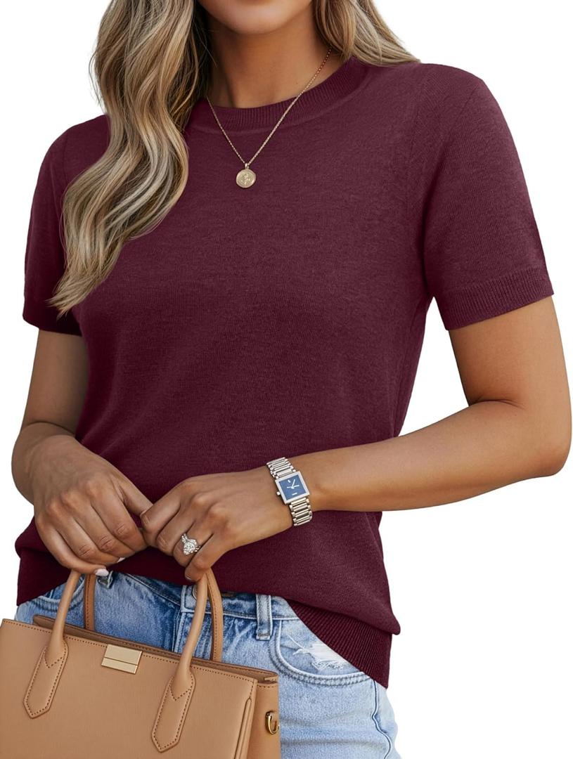 Lepunuo Women's Spring Summer Lightweight Short Sleeve Wool Blend Business Casual Knit Tops Pullover Sweaters (Medium)