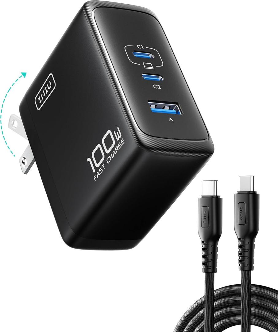 INIU USB C Charger Block, 100W GaN Fast Charging, 3-Port Compact Foldable Travel Charger with Type C Cable, Power Adapter for Mac Book Air Pro 15 14 M3, iPhone 17 16 Pro Max Samsung S26 S24, Switch 2